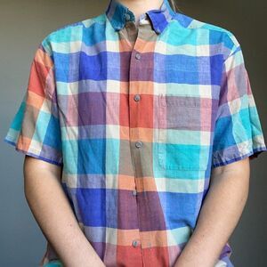Vintage 80s Unisex Pride Rainbow Plaid Patch Liz Claiborne Button Down Size S